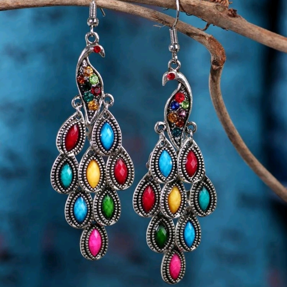 Earrings Peacock 3" Dangle Beaded with Color Rhinestones Lots of Fun Movement - Picture 1 of 6